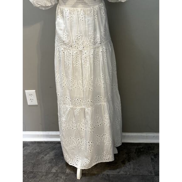Meadow Rhodes Dress Womens Sm White Embroidered Floral Eyelet Puff Sleeve Maxi - Picture 4 of 7